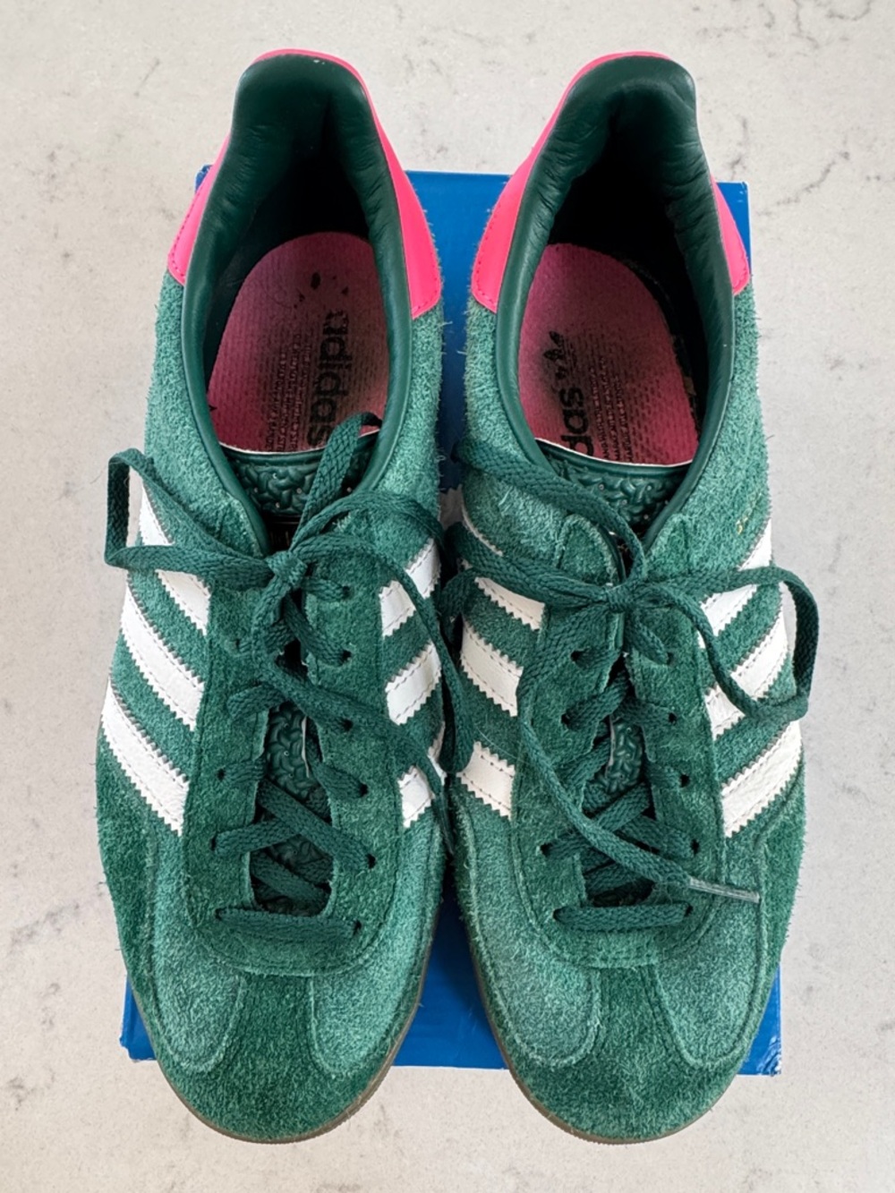 Adidas 7.5 Gazelle Sneakers in Collegiate Green and Lucid Pink